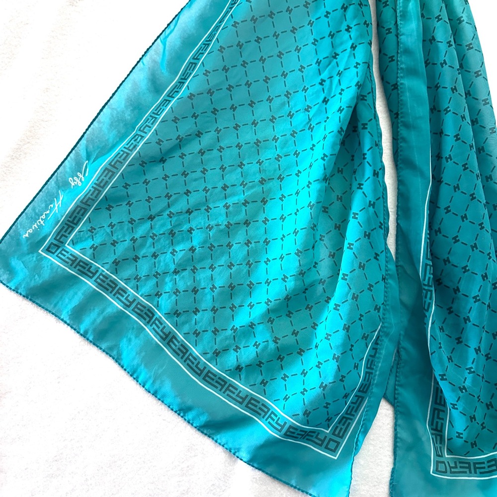 Effy Hematian 59x18 Turquoise Blue Monogram H Logo Oblong Scarf Greek Key Border